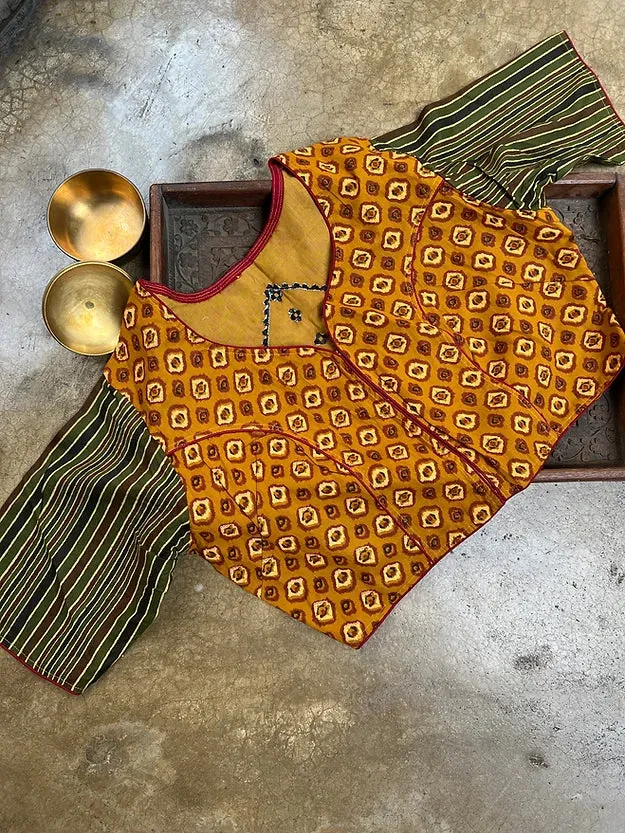 Readymade Cotton Ajrakh Blouse with Kutch Embroidery Stitched Saree Blouse