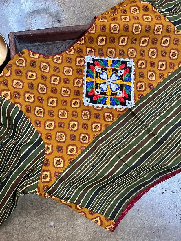 Readymade Cotton Ajrakh Blouse with Kutch Embroidery Stitched Saree Blouse