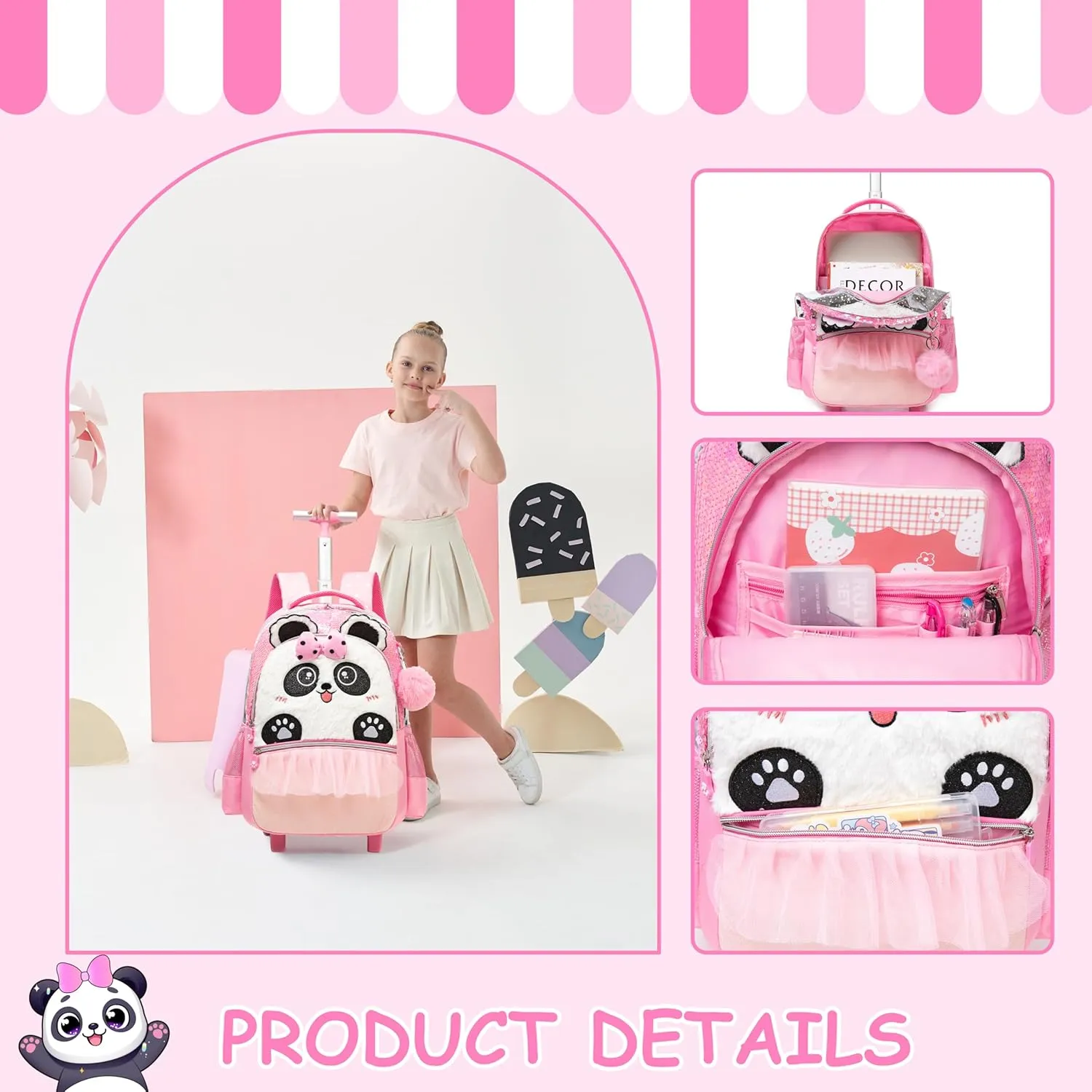 Rolling Backpack for Girls Rolling Backpack for Kids Backpack with Wheels for Kids Backpacks for Girls Cute Bowknot Kawaii Backpack for Girls Elementary Student