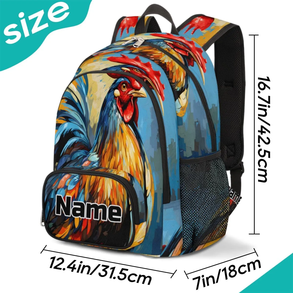 Rooster Custom Backpack for Men Women Adult Personalized Casual Laptop Backpack Customized Computer Hiking Gym Travel Travel Daypack with Name