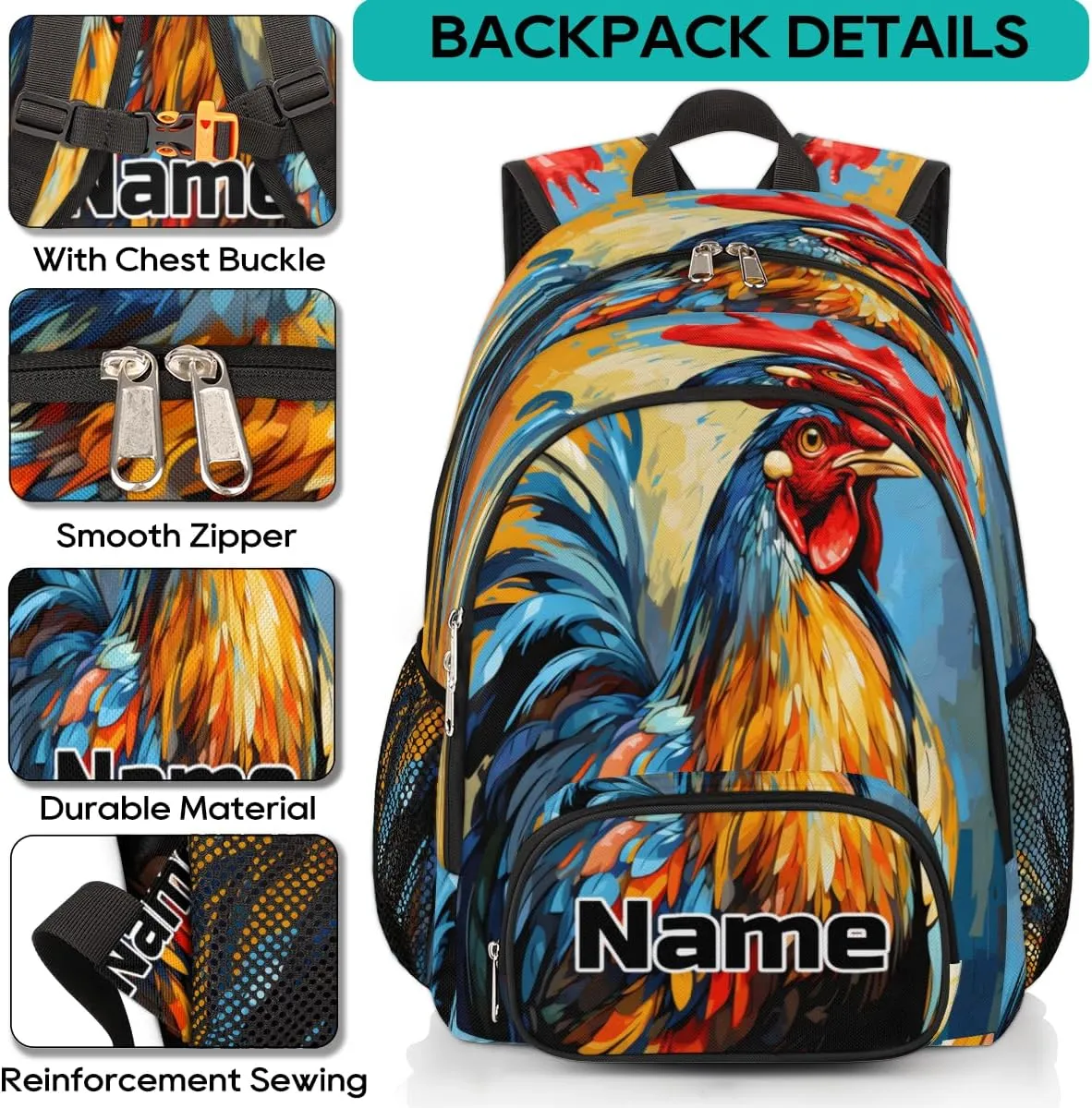 Rooster Custom Backpack for Men Women Adult Personalized Casual Laptop Backpack Customized Computer Hiking Gym Travel Travel Daypack with Name