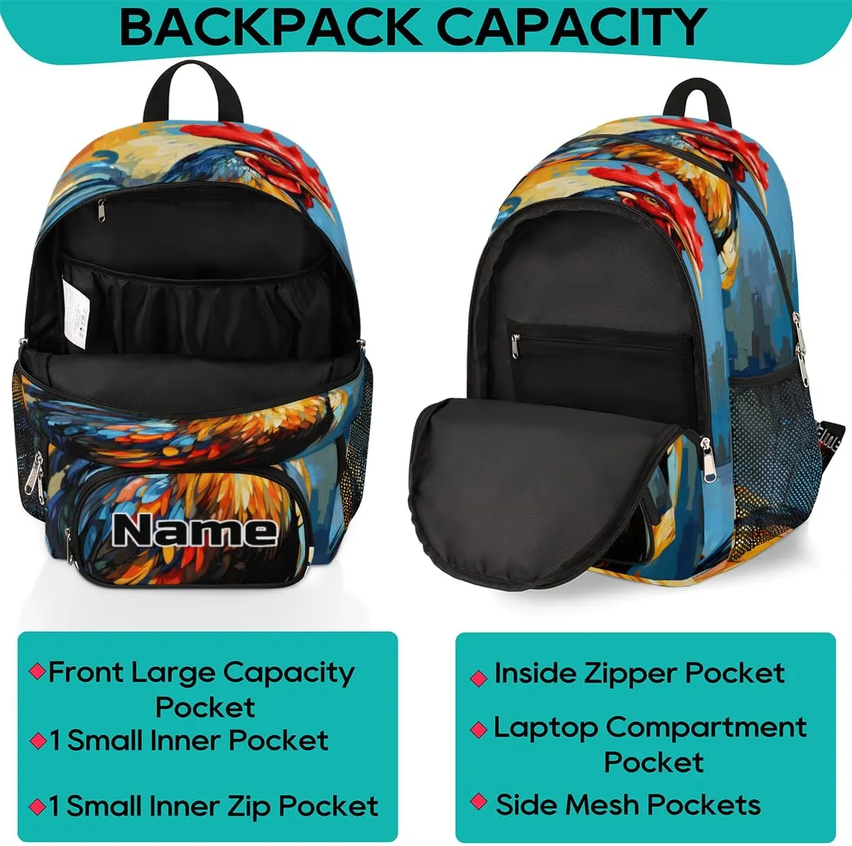 Rooster Custom Backpack for Men Women Adult Personalized Casual Laptop Backpack Customized Computer Hiking Gym Travel Travel Daypack with Name