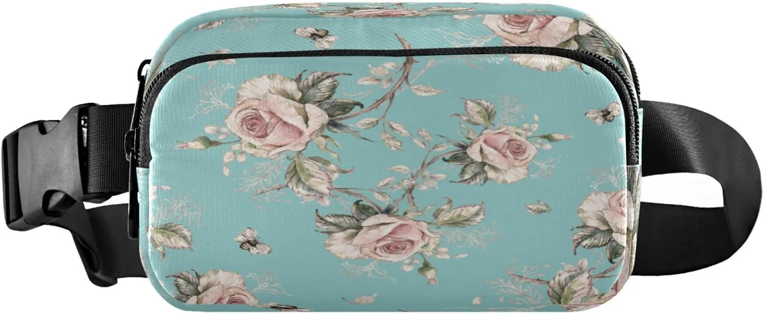 Rose Pattern Bee Belt Bag for Women Men Fanny Pack Small Waist Pouch Crossbody Bags for Outdoor Hiking Running Travel