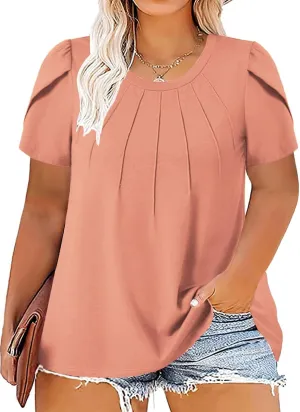ROSRISS Plus Size Tops for Women Summer Casual T Shirts Crewneck Petal Short Sleeve Tunics