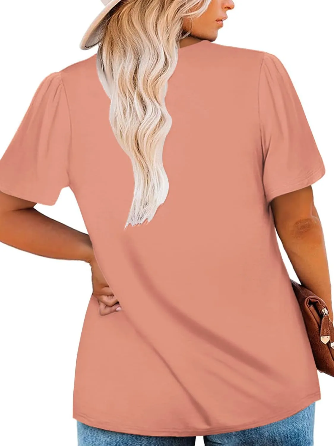 ROSRISS Plus Size Tops for Women Summer Casual T Shirts Crewneck Petal Short Sleeve Tunics