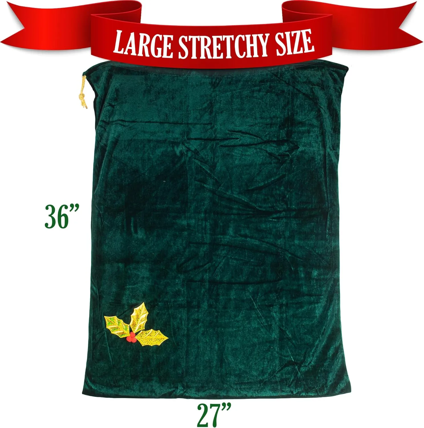 Santa Christmas Gift Bag Large Stretchy Velour Present Sack with Golden Drawstring, 36" x 27"