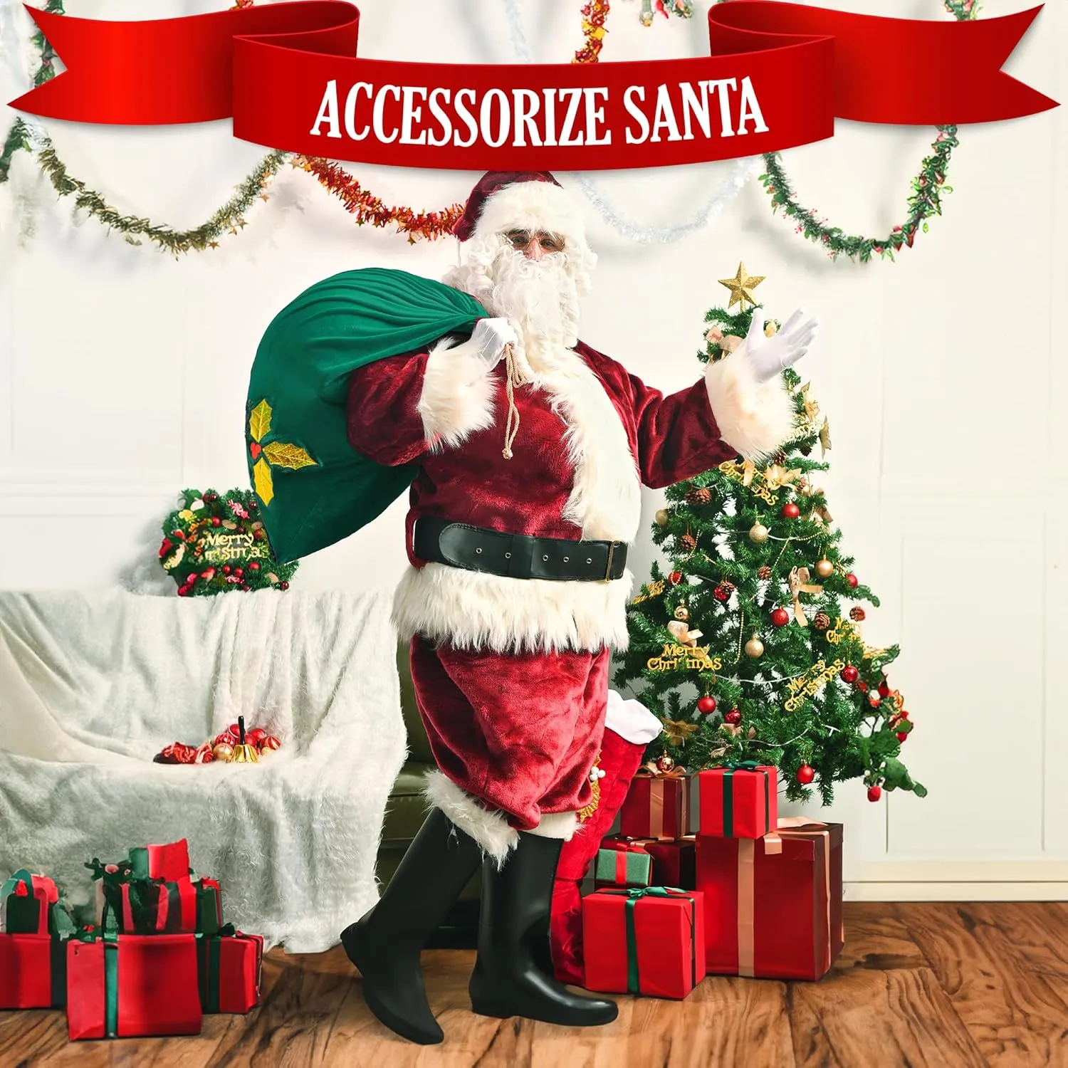 Santa Christmas Gift Bag Large Stretchy Velour Present Sack with Golden Drawstring, 36" x 27"