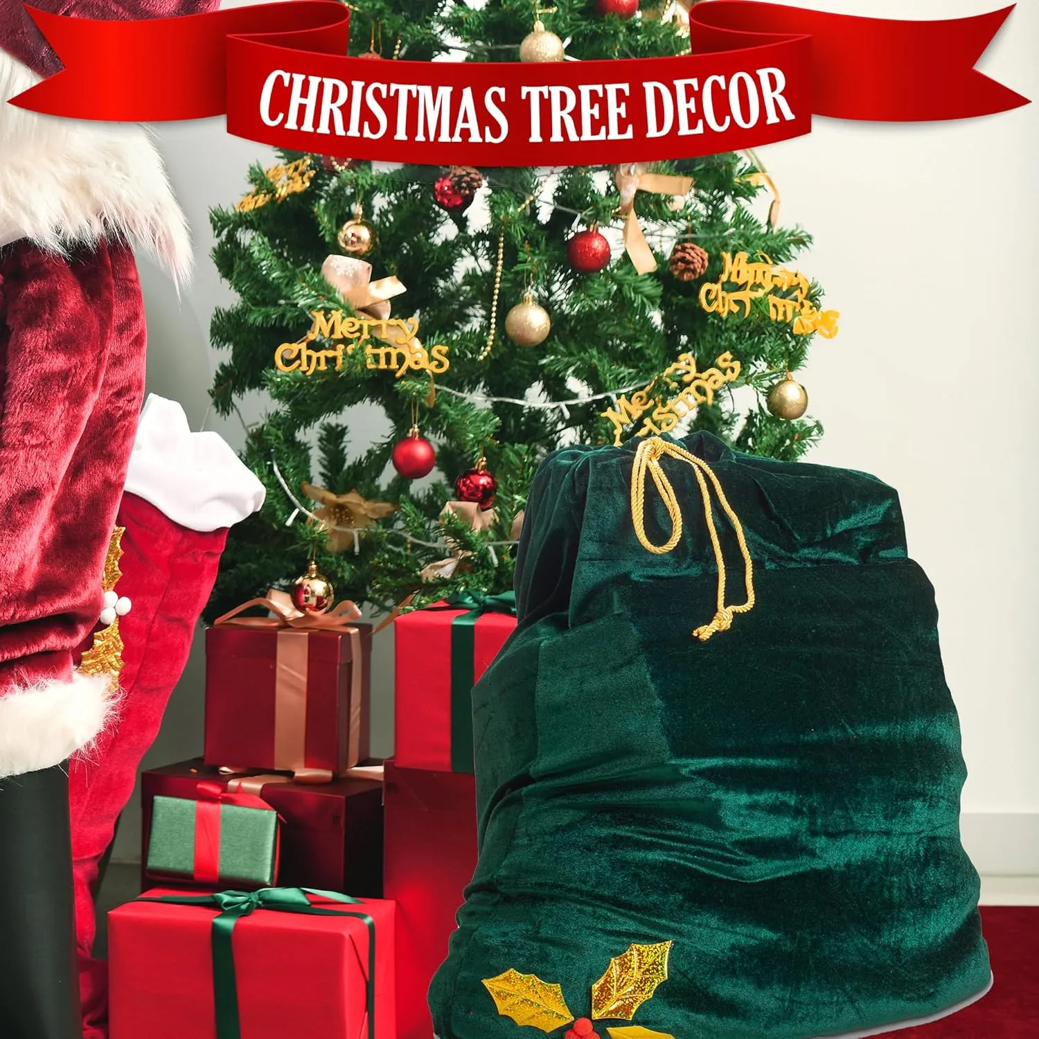 Santa Christmas Gift Bag Large Stretchy Velour Present Sack with Golden Drawstring, 36" x 27"