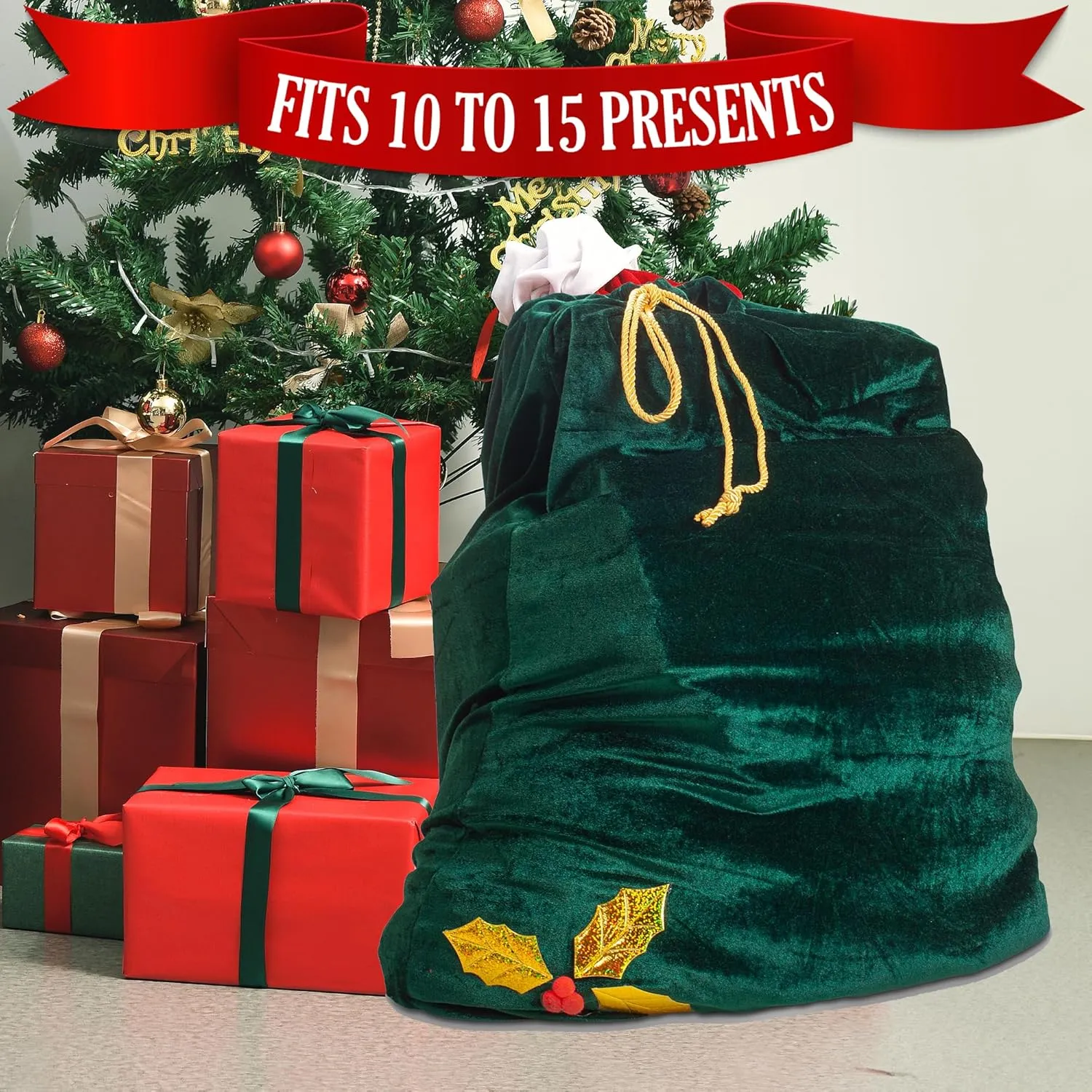 Santa Christmas Gift Bag Large Stretchy Velour Present Sack with Golden Drawstring, 36" x 27"