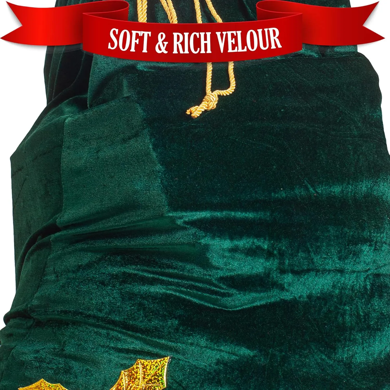 Santa Christmas Gift Bag Large Stretchy Velour Present Sack with Golden Drawstring, 36" x 27"