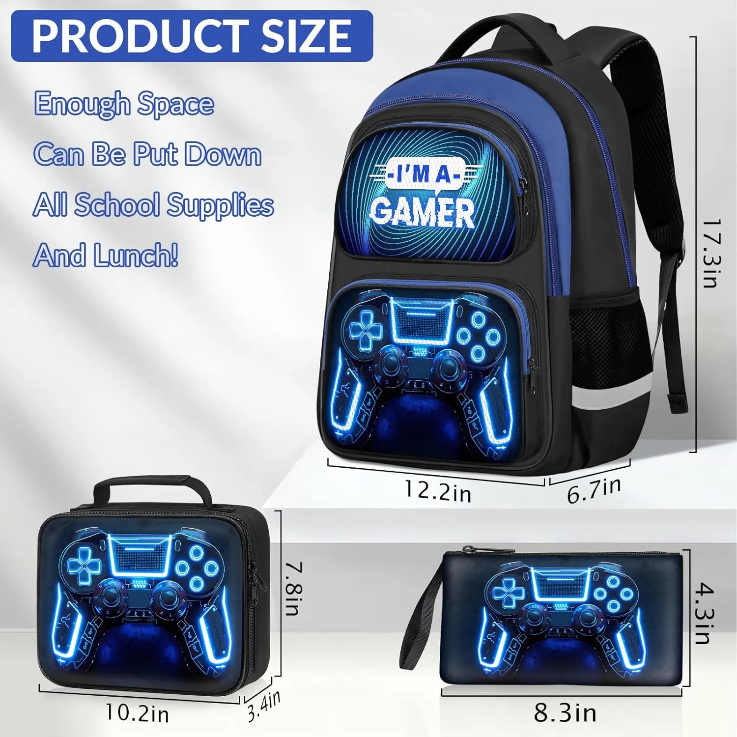 School Backpack for Boys - 3pcs Gamer Boys Backpack with Lunch Box Set for Kids Teens Elementary Middle School - 17 Video Game Bookbag Travel Back Pack for Age 6-18