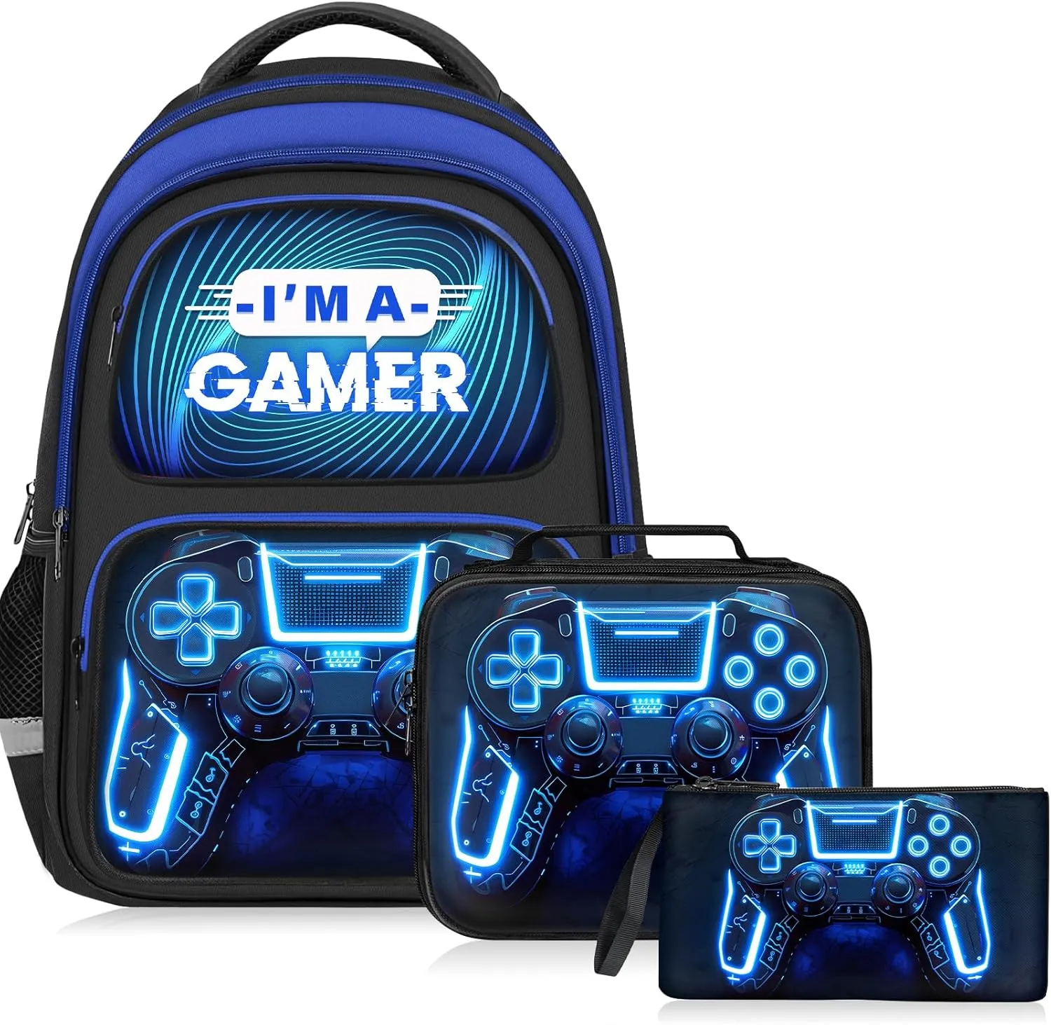 School Backpack for Boys - 3pcs Gamer Boys Backpack with Lunch Box Set for Kids Teens Elementary Middle School - 17 Video Game Bookbag Travel Back Pack for Age 6-18
