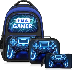 School Backpack for Boys - 3pcs Gamer Boys Backpack with Lunch Box Set for Kids Teens Elementary Middle School - 17 Video Game Bookbag Travel Back Pack for Age 6-18