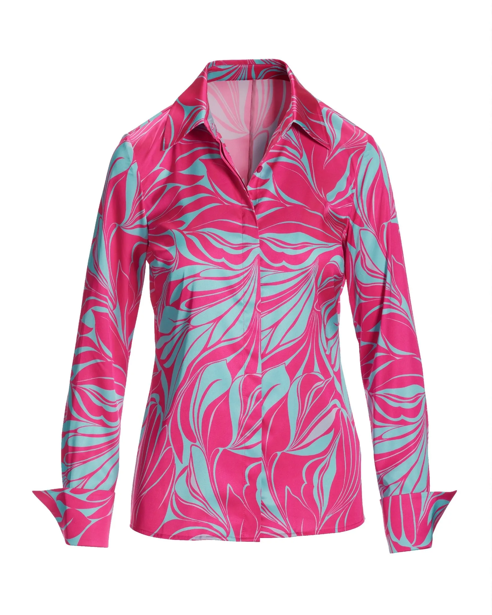 Sirena Abstract Print Sophia Button Up Charmeuse Blouse Blue/Pink