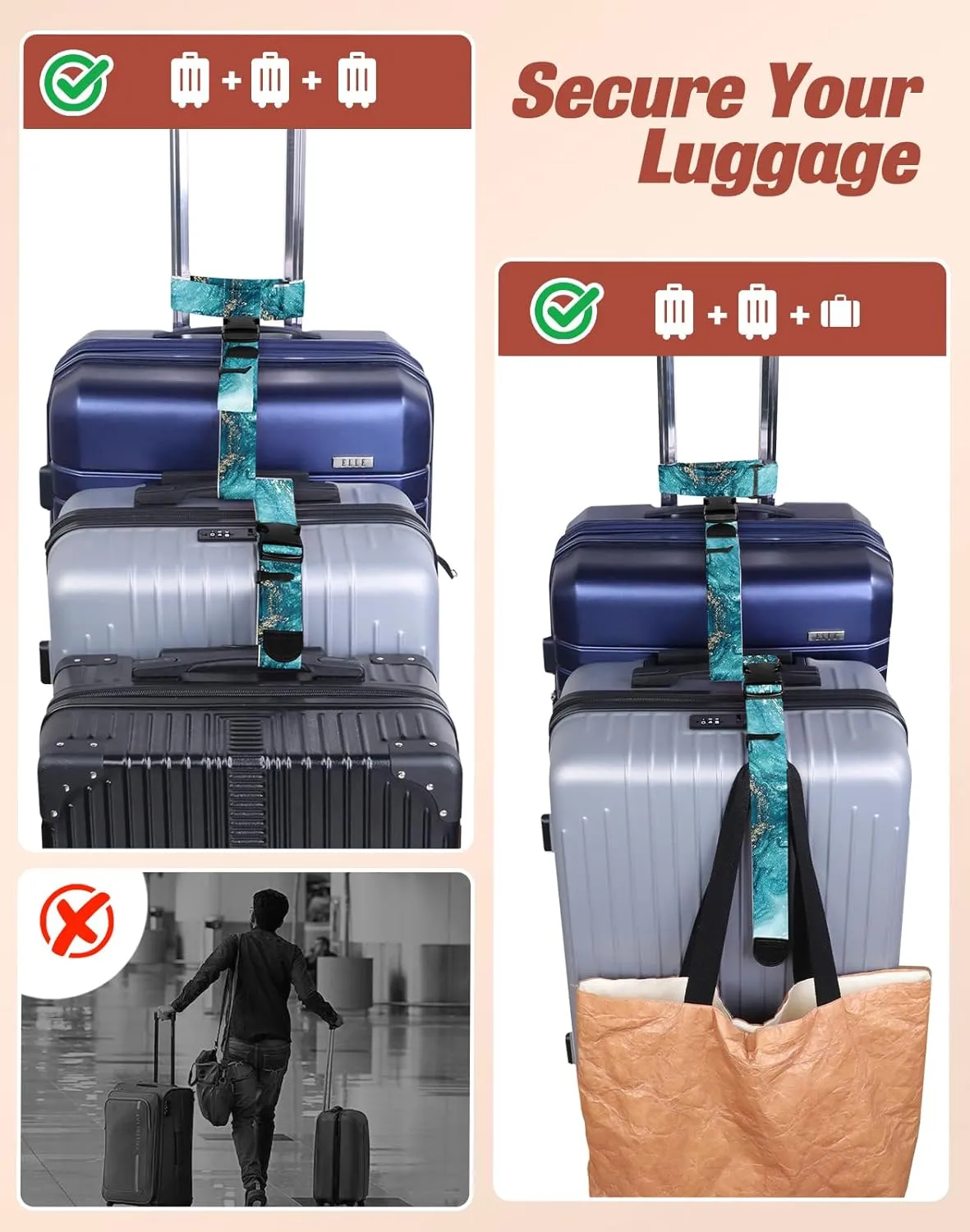 Slohif Luggage Straps to Connect Two Suitcases - Adjustable Add A Bag Suitcase Connector Strap Belt Accessories to Hold Suitcases Together for Travel Sea Wave