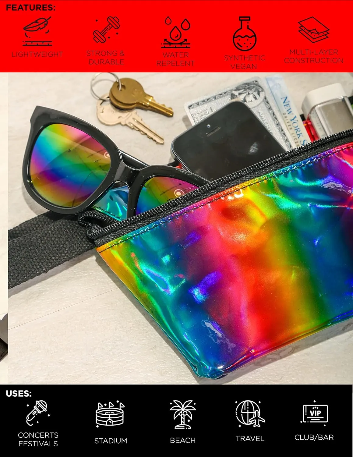 Small Fanny Packs for Women  80s/90s Slim Bum Bag  Unisex Crossbody Waist Belt Bag for Travel, Festivals, Sports & Daily Use  Waist Belt Bag for Women | Metallic Rainbow