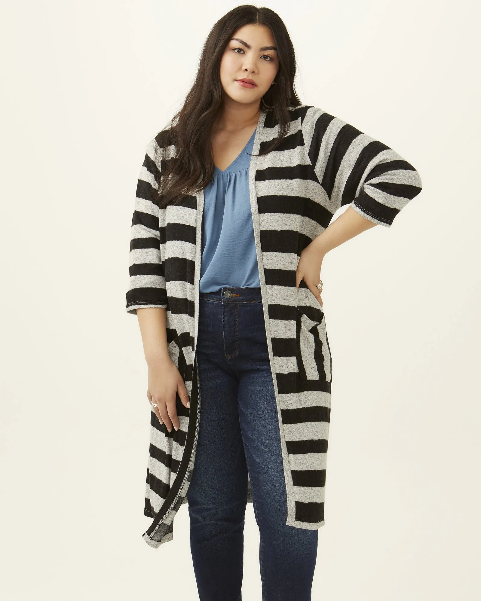 Sofia Three-Quarter Sleeve Kimono Duster | Light Grey / Charcoal Grey