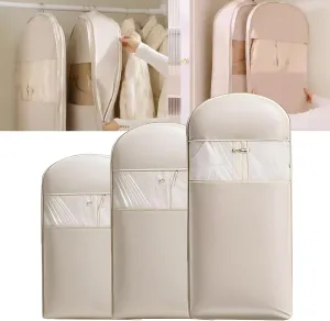 Space Saving Hanging Garment Bag with Self Compression Zipper, 2025 New Space Saving Hanging Protector for Down Coat, Self Compression Zip Garment Bags (Beige, Set of 3)