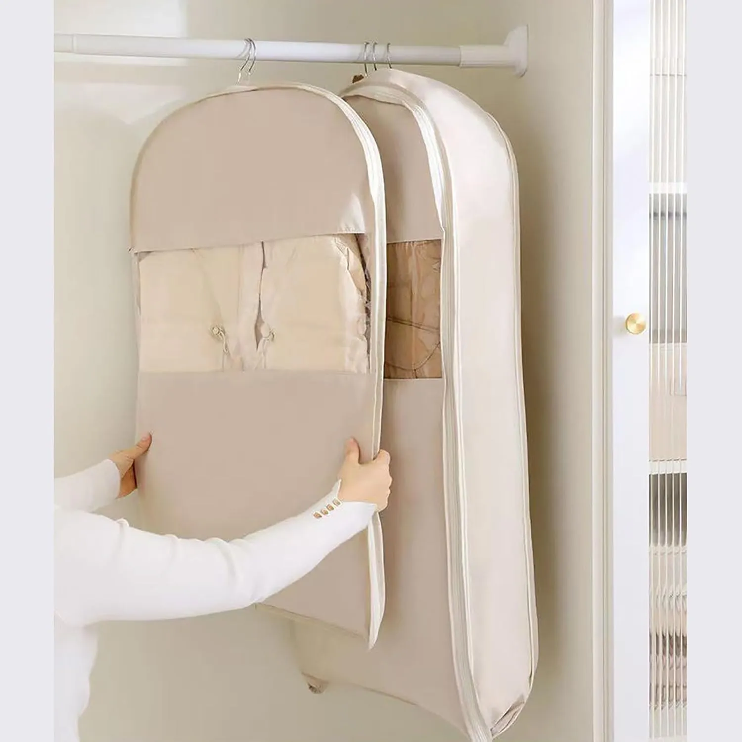 Space Saving Hanging Garment Bag with Self Compression Zipper, 2025 New Space Saving Hanging Protector for Down Coat, Self Compression Zip Garment Bags (Beige, Set of 3)