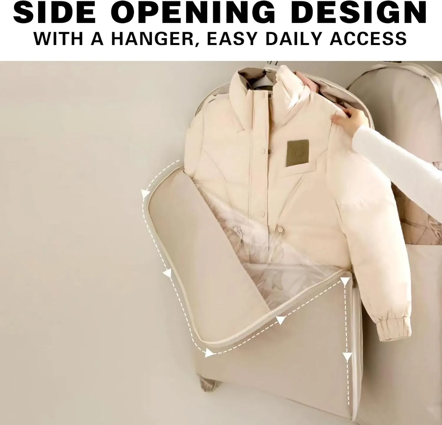 Space Saving Hanging Garment Bag with Self Compression Zipper, 2025 New Space Saving Hanging Protector for Down Coat, Self Compression Zip Garment Bags (Beige, Set of 3)