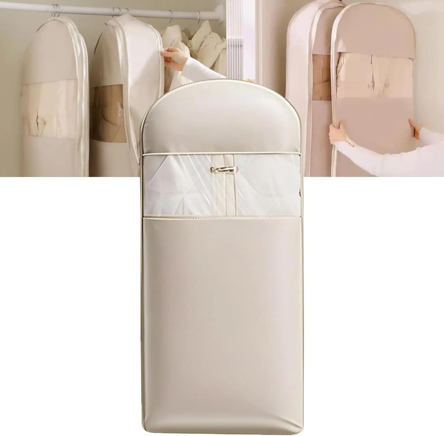 Space Saving Hanging Garment Bag with Self Compression Zipper, 2025 New Space Saving Hanging Protector for Down Coat, Self Compression Zip Garment Bags (Beige, XL)
