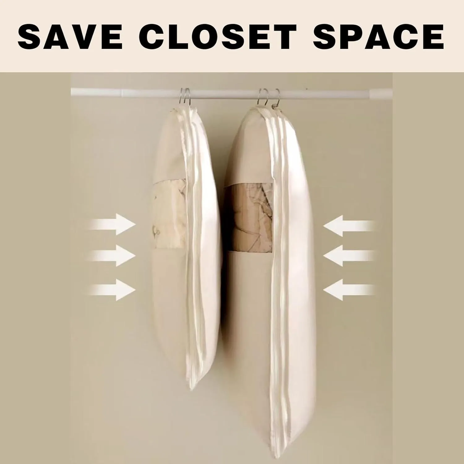 Space Saving Hanging Garment Bag with Self Compression Zipper, 2025 New Space Saving Hanging Protector for Down Coat, Self Compression Zip Garment Bags (Beige, XL)