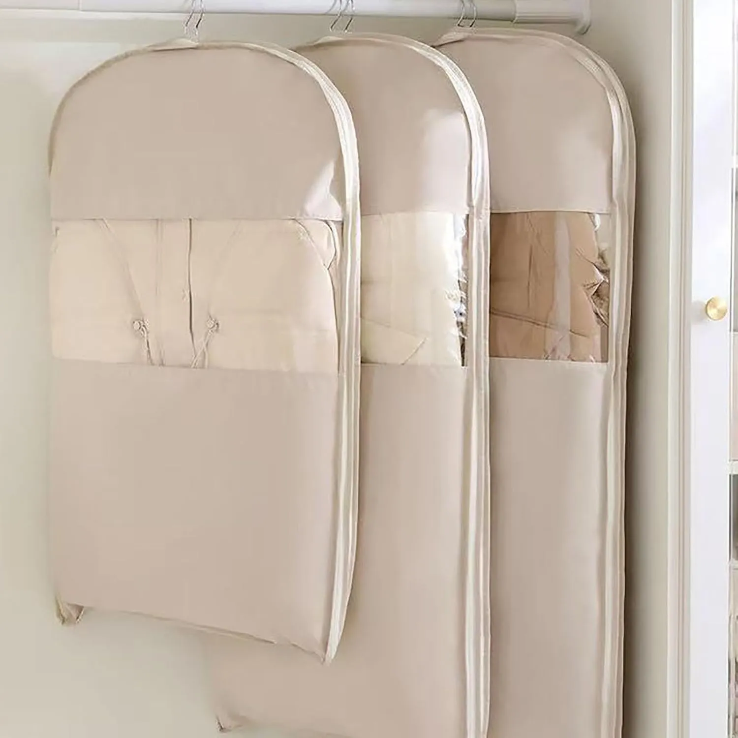 Space Saving Hanging Garment Bag with Self Compression Zipper, 2025 New Space Saving Hanging Protector for Down Coat, Self Compression Zip Garment Bags (Beige, XL)
