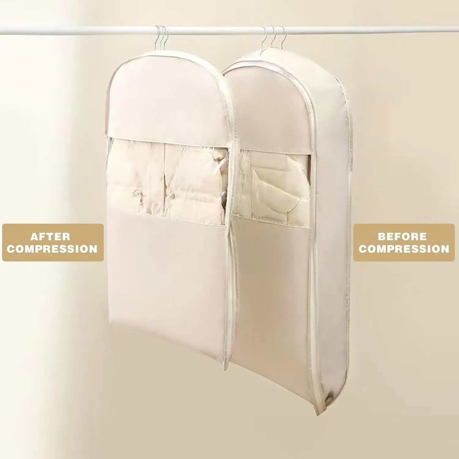 Space Saving Hanging Garment Bag with Self Compression Zipper, 2025 New Space Saving Hanging Protector for Down Coat, Self Compression Zip Garment Bags (Beige, XL)
