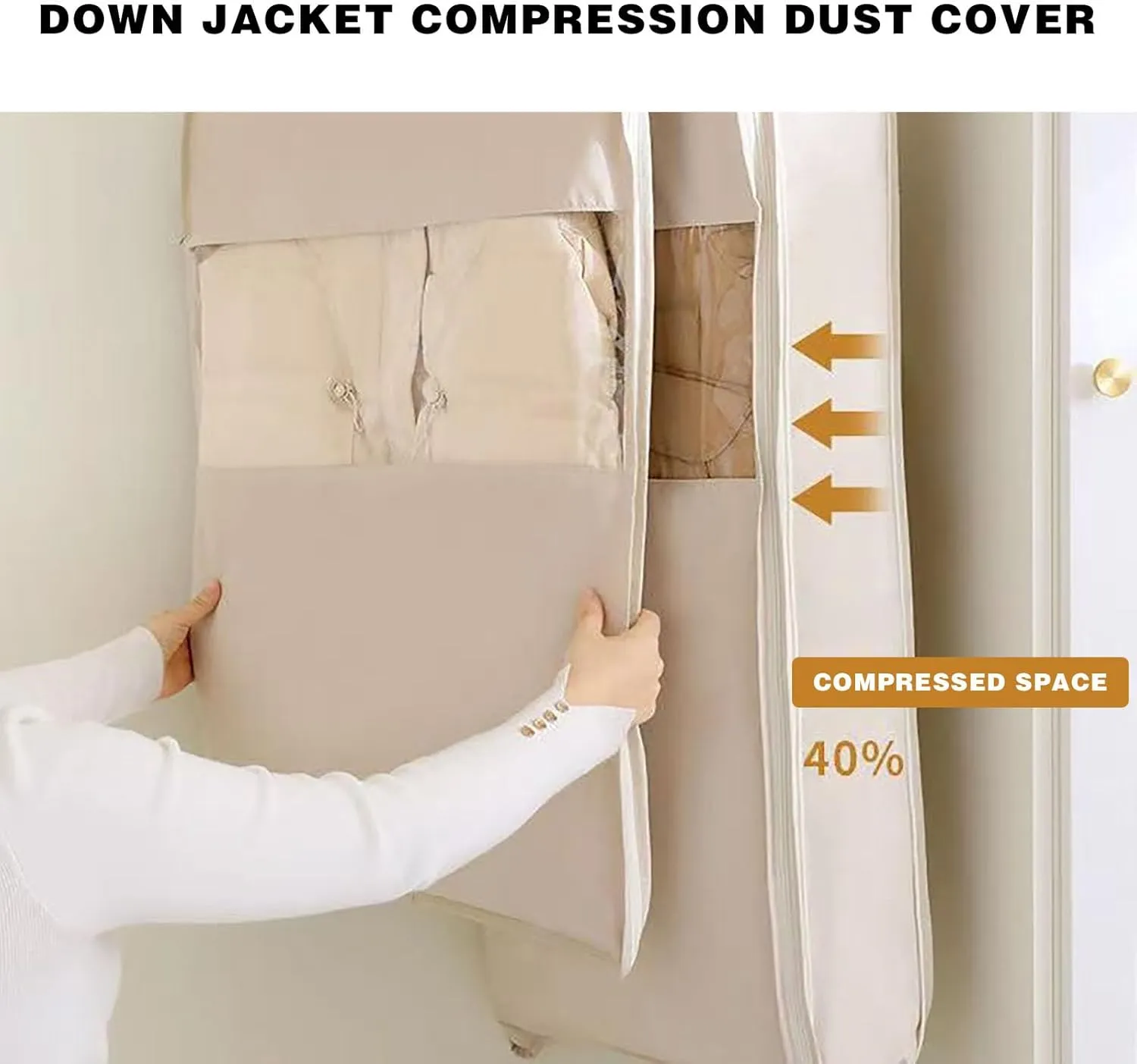 Space Saving Hanging Garment Bag with Self Compression Zipper, 2025 New Space Saving Hanging Protector for Down Coat, Self Compression Zip Garment Bags (Beige, XL)