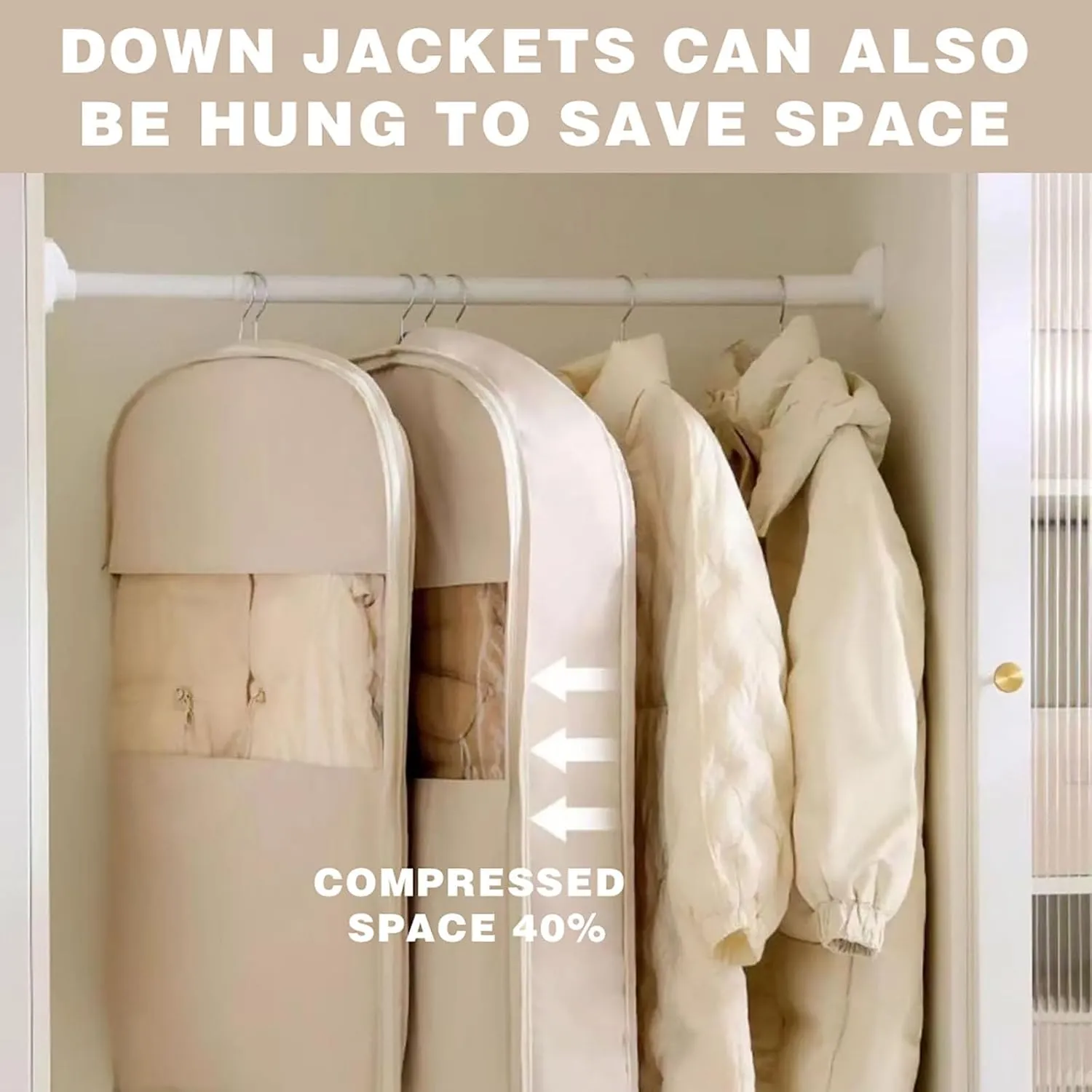 Space Saving Hanging Garment Bag with Self Compression Zipper, 2025 New Space Saving Hanging Protector for Down Coat, Self Compression Zip Garment Bags (Beige, XL)