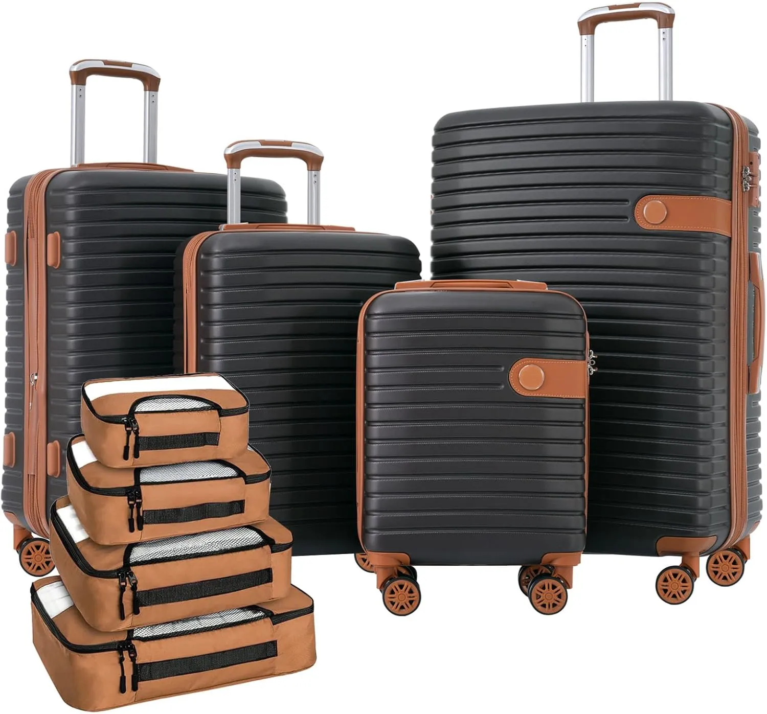SVRCK Lightweight and Expandable 4-Piece Luggage Set with Spinner Wheels and Packing Cubes, Coffee