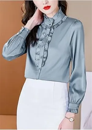 Sweejim Fashion Ruffles Long Sleeve Blouses Women Elegant Office Satin Shirts Basic Tops    S4710736
