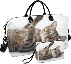 Tabby Cat Design Duffle Bag Travel Cosmetic Bags Set of 2, Print Women Garment Duffel Bag Overnight Bags