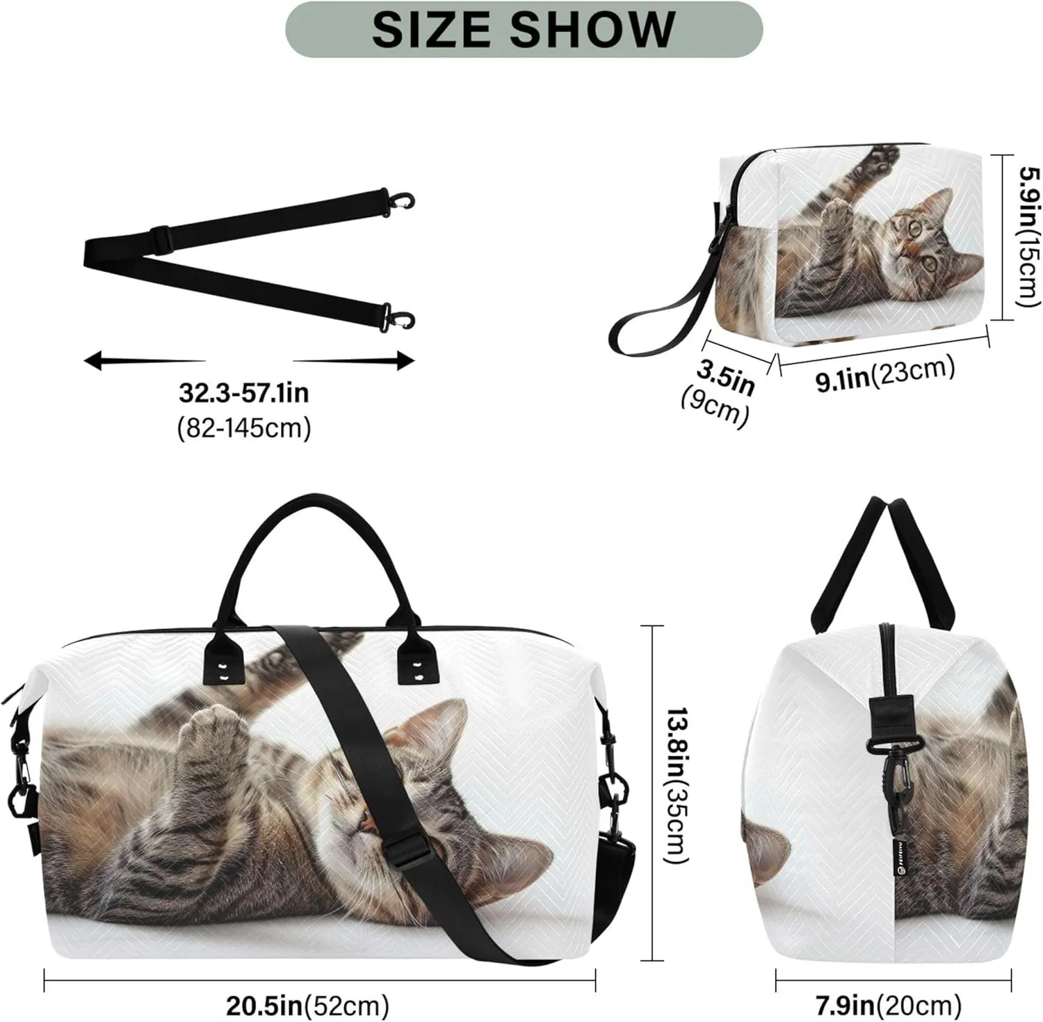 Tabby Cat Design Duffle Bag Travel Cosmetic Bags Set of 2, Print Women Garment Duffel Bag Overnight Bags