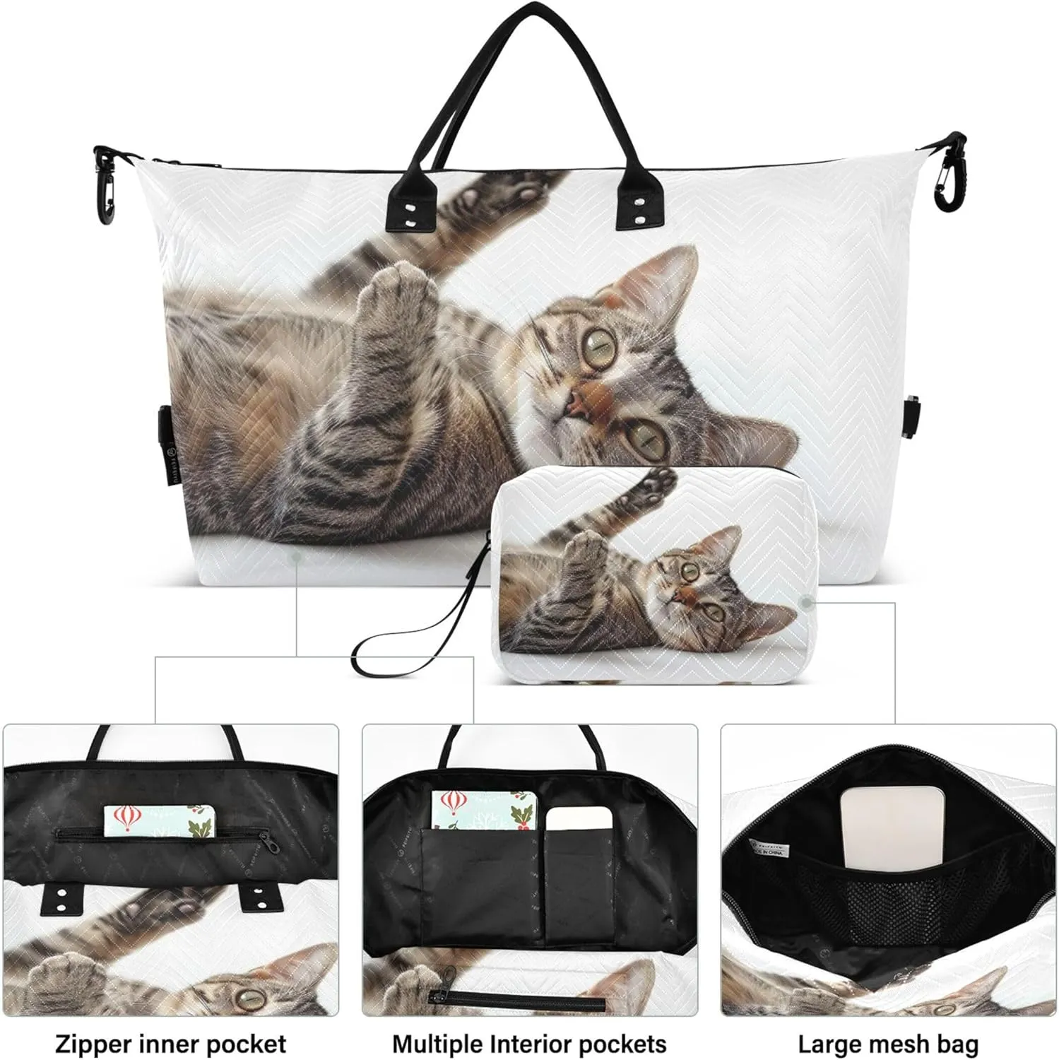 Tabby Cat Design Duffle Bag Travel Cosmetic Bags Set of 2, Print Women Garment Duffel Bag Overnight Bags