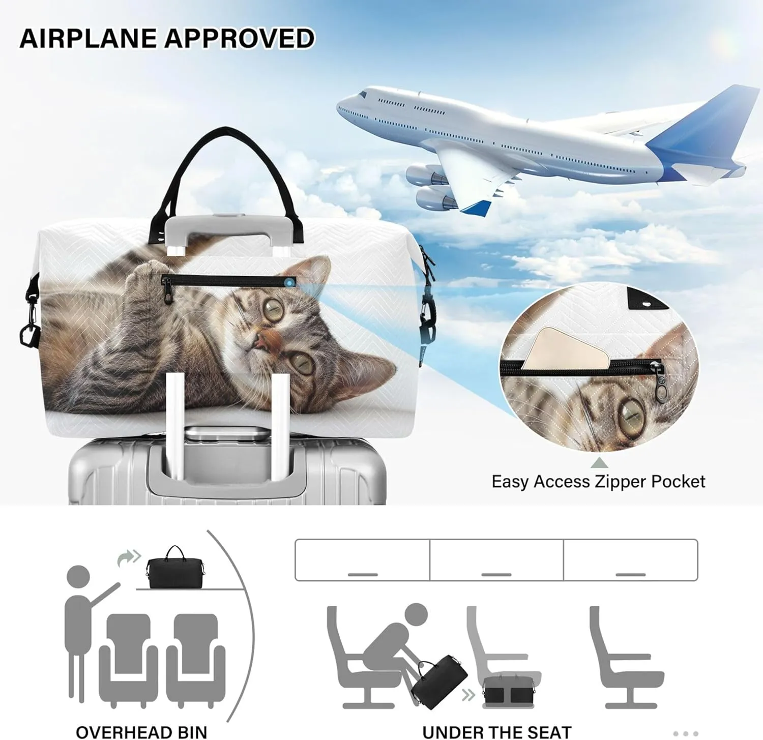 Tabby Cat Design Duffle Bag Travel Cosmetic Bags Set of 2, Print Women Garment Duffel Bag Overnight Bags