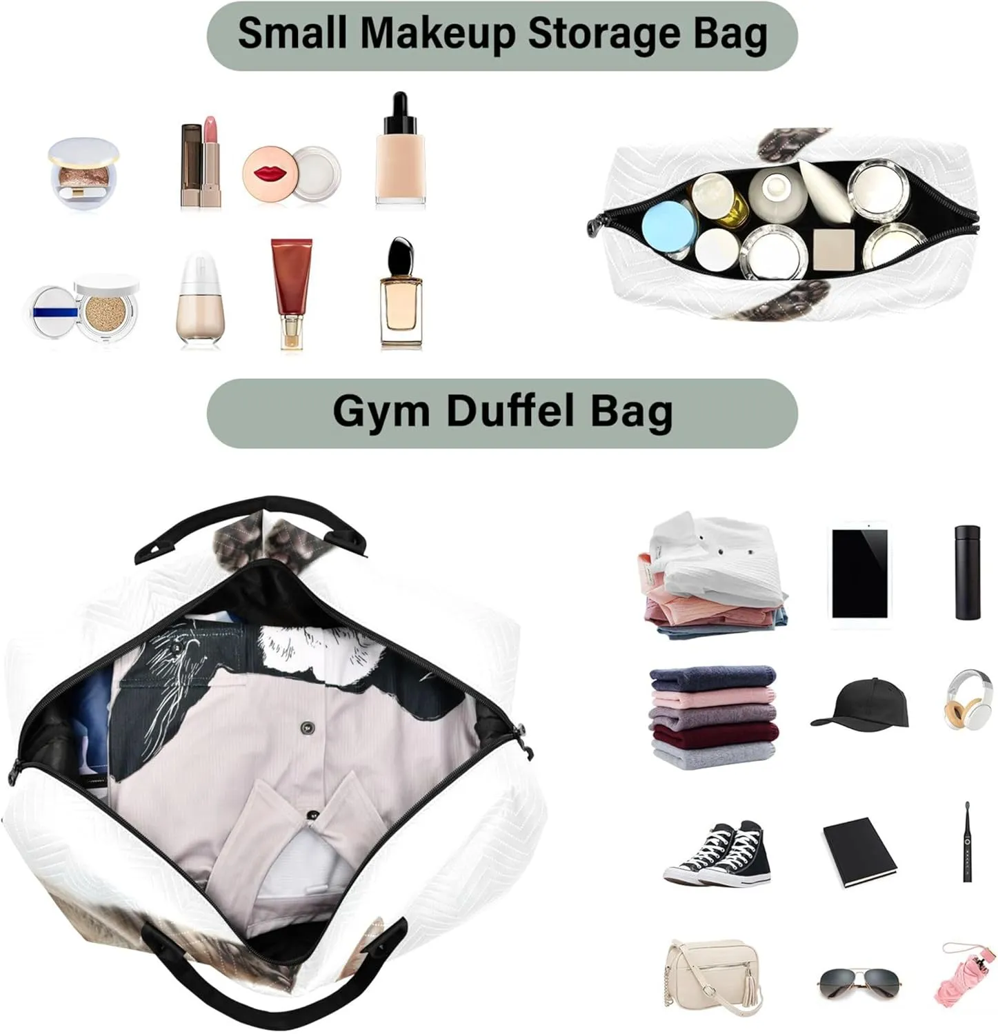 Tabby Cat Design Duffle Bag Travel Cosmetic Bags Set of 2, Print Women Garment Duffel Bag Overnight Bags