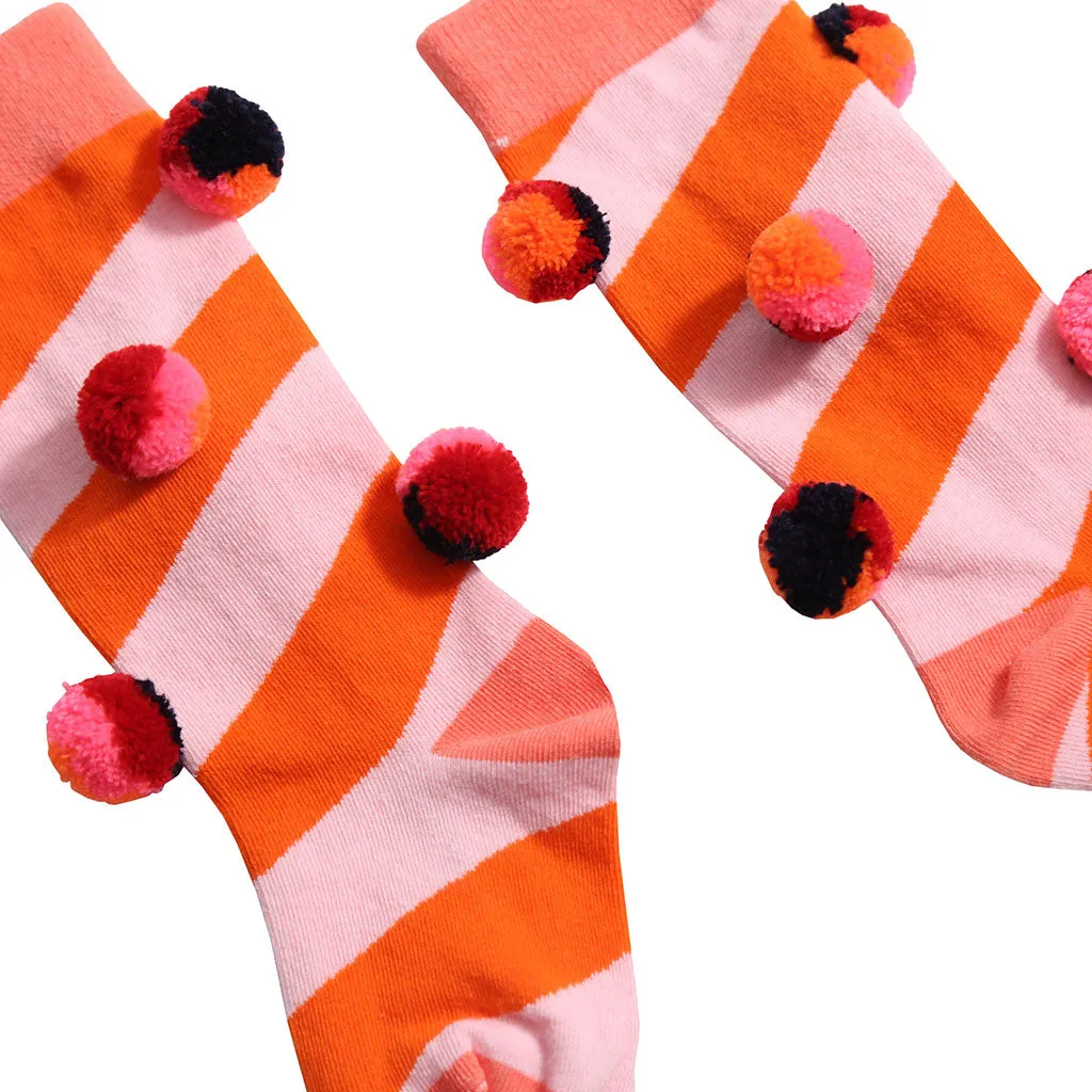 Tia Cibani Kids Child Pompom Socks Bougainvillea Pink Stripes