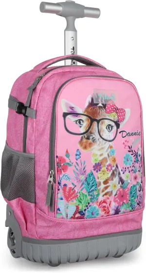 Tilami Rolling Backpack for Kids 18 Inch Wheeled Bookbag for Boys & Girls for School & Travel,Giraffe pink