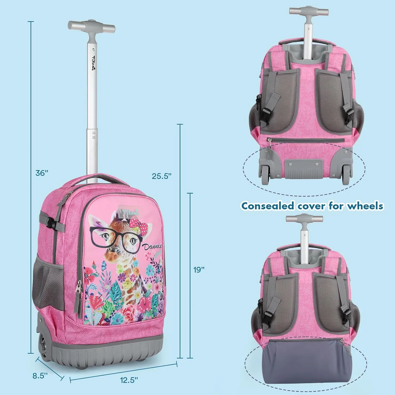Tilami Rolling Backpack for Kids 18 Inch Wheeled Bookbag for Boys & Girls for School & Travel,Giraffe pink