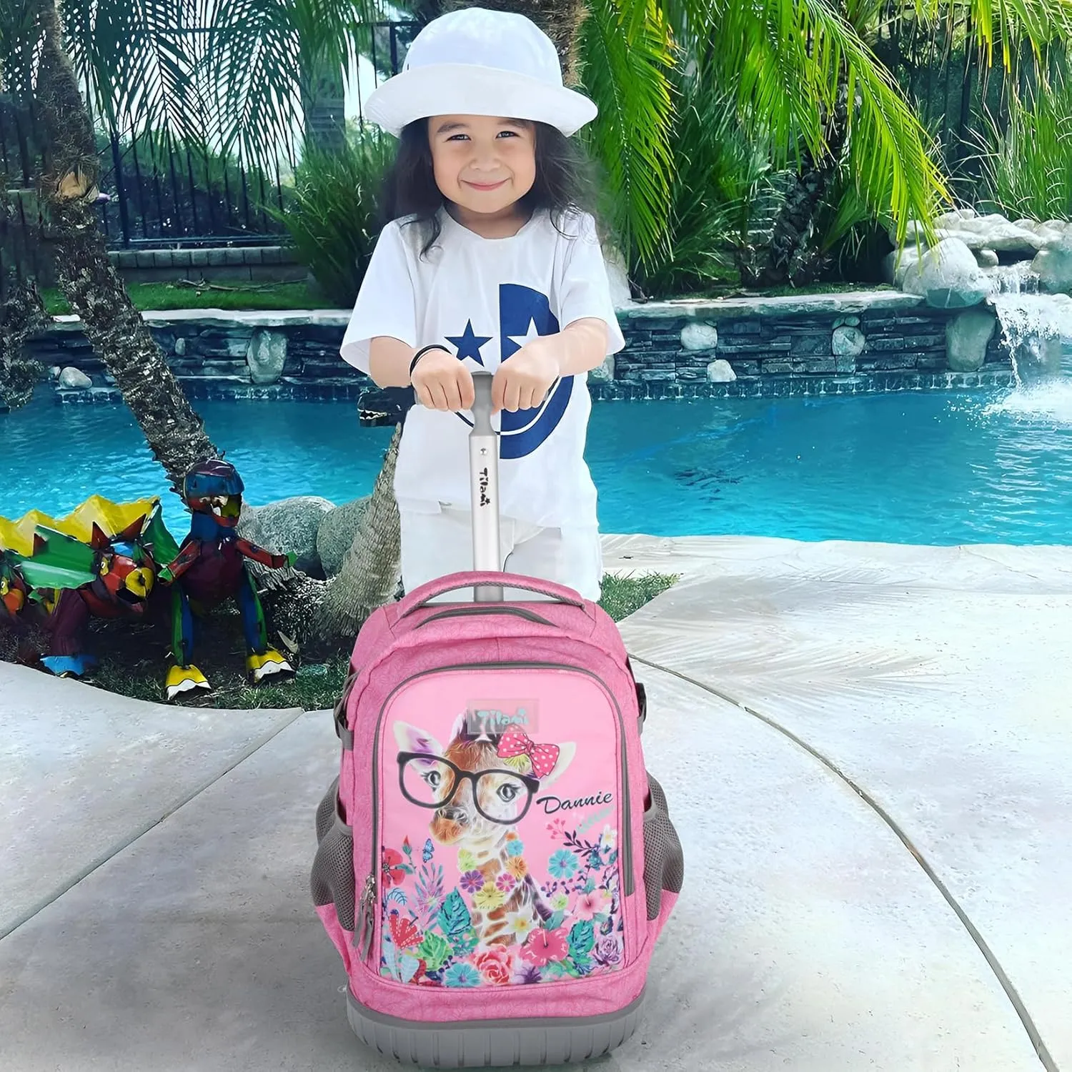 Tilami Rolling Backpack for Kids 18 Inch Wheeled Bookbag for Boys & Girls for School & Travel,Giraffe pink