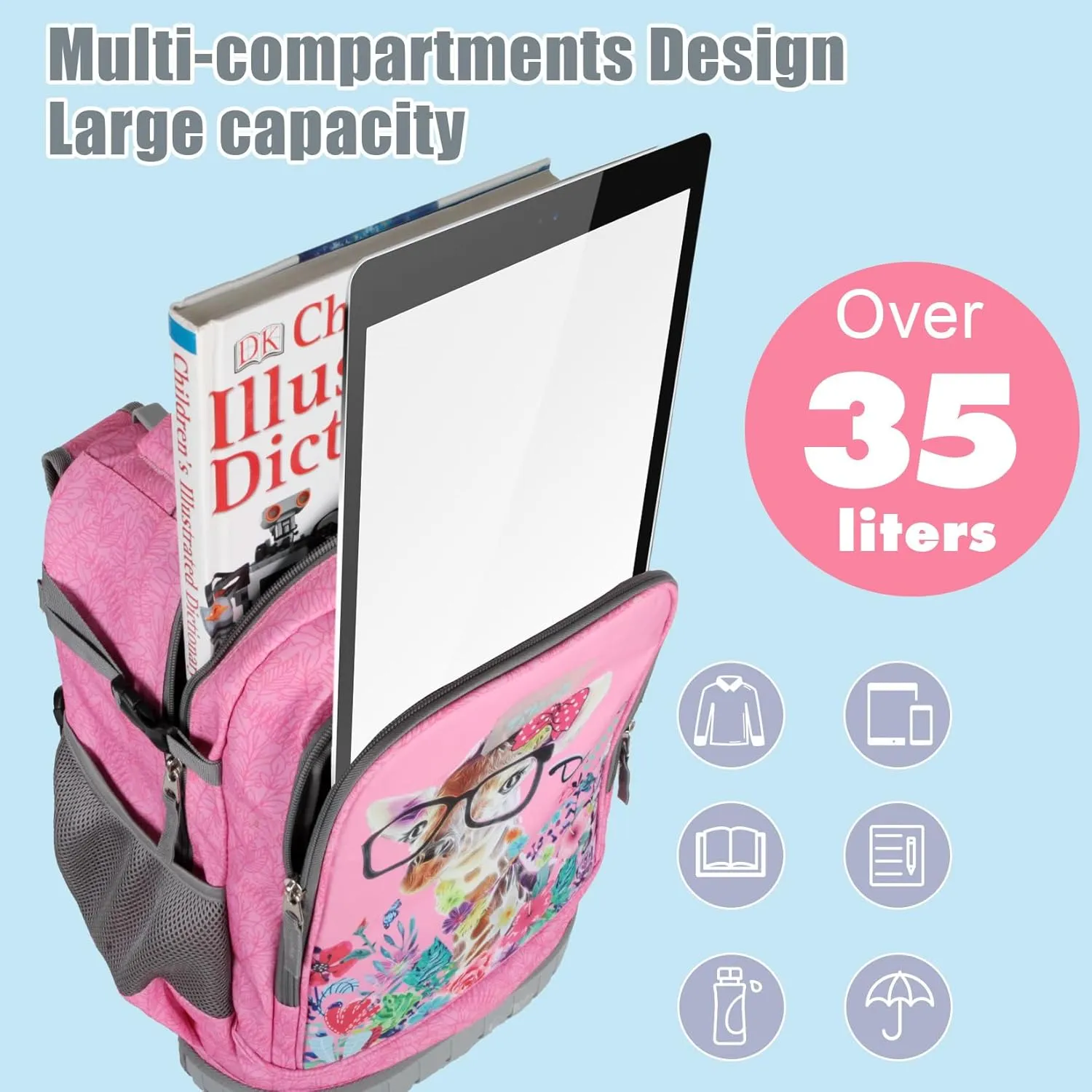 Tilami Rolling Backpack for Kids 18 Inch Wheeled Bookbag for Boys & Girls for School & Travel,Giraffe pink