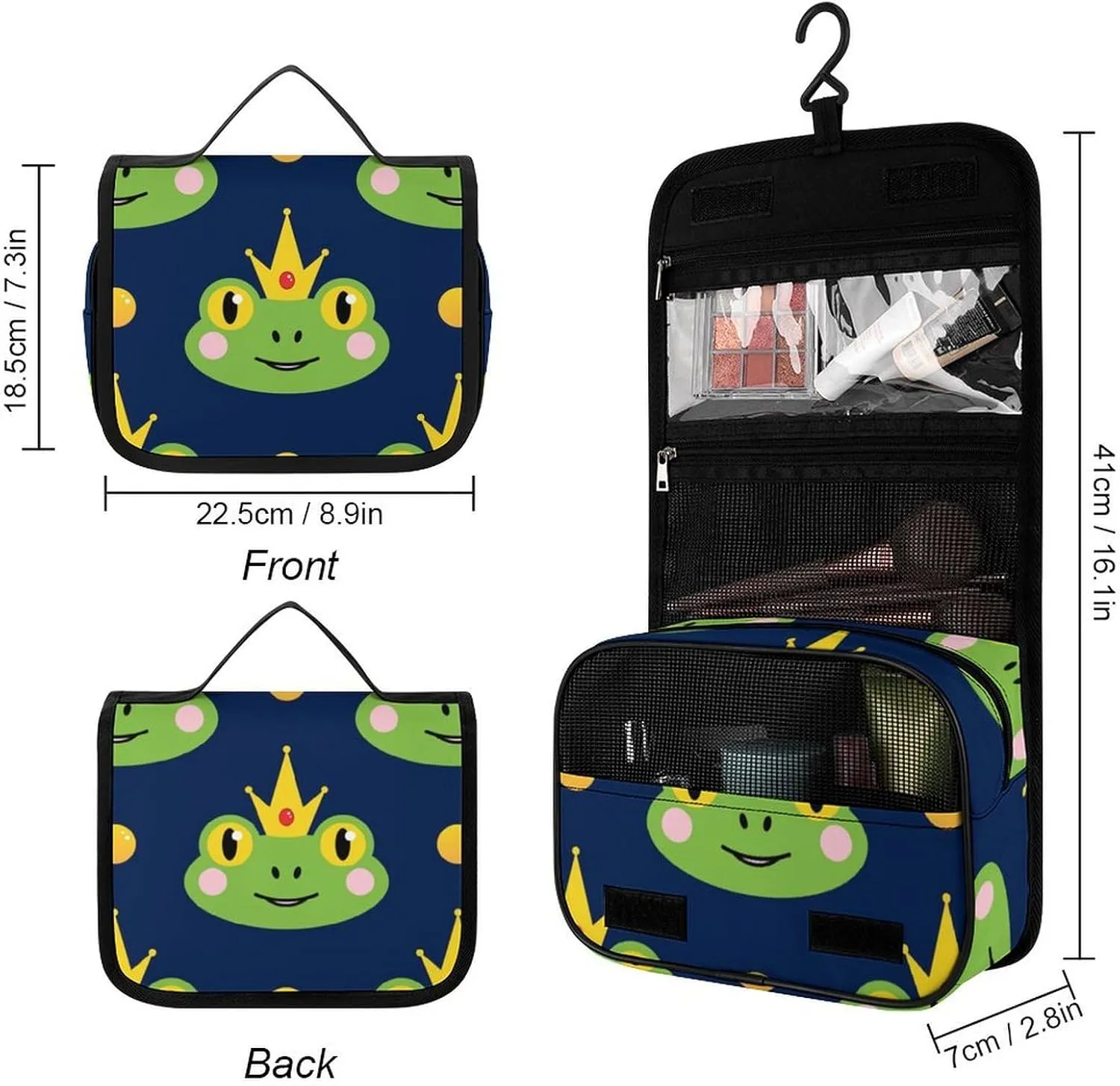 Toiletry Bag for Women and Men with Jewelry Organizer Compartment and Waterproof Pocket, Compatible with Frog with Crown Navy Blue Hanging Makeup Bag Accessories