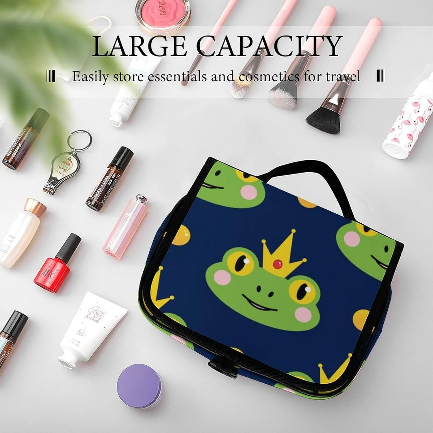 Toiletry Bag for Women and Men with Jewelry Organizer Compartment and Waterproof Pocket, Compatible with Frog with Crown Navy Blue Hanging Makeup Bag Accessories