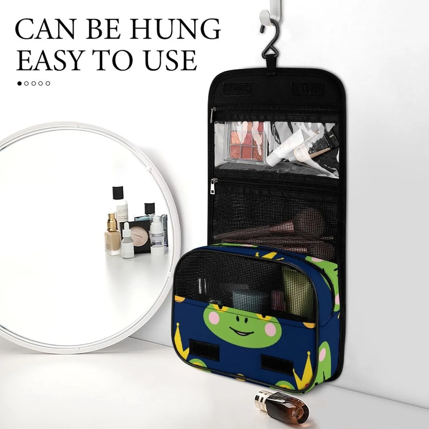 Toiletry Bag for Women and Men with Jewelry Organizer Compartment and Waterproof Pocket, Compatible with Frog with Crown Navy Blue Hanging Makeup Bag Accessories