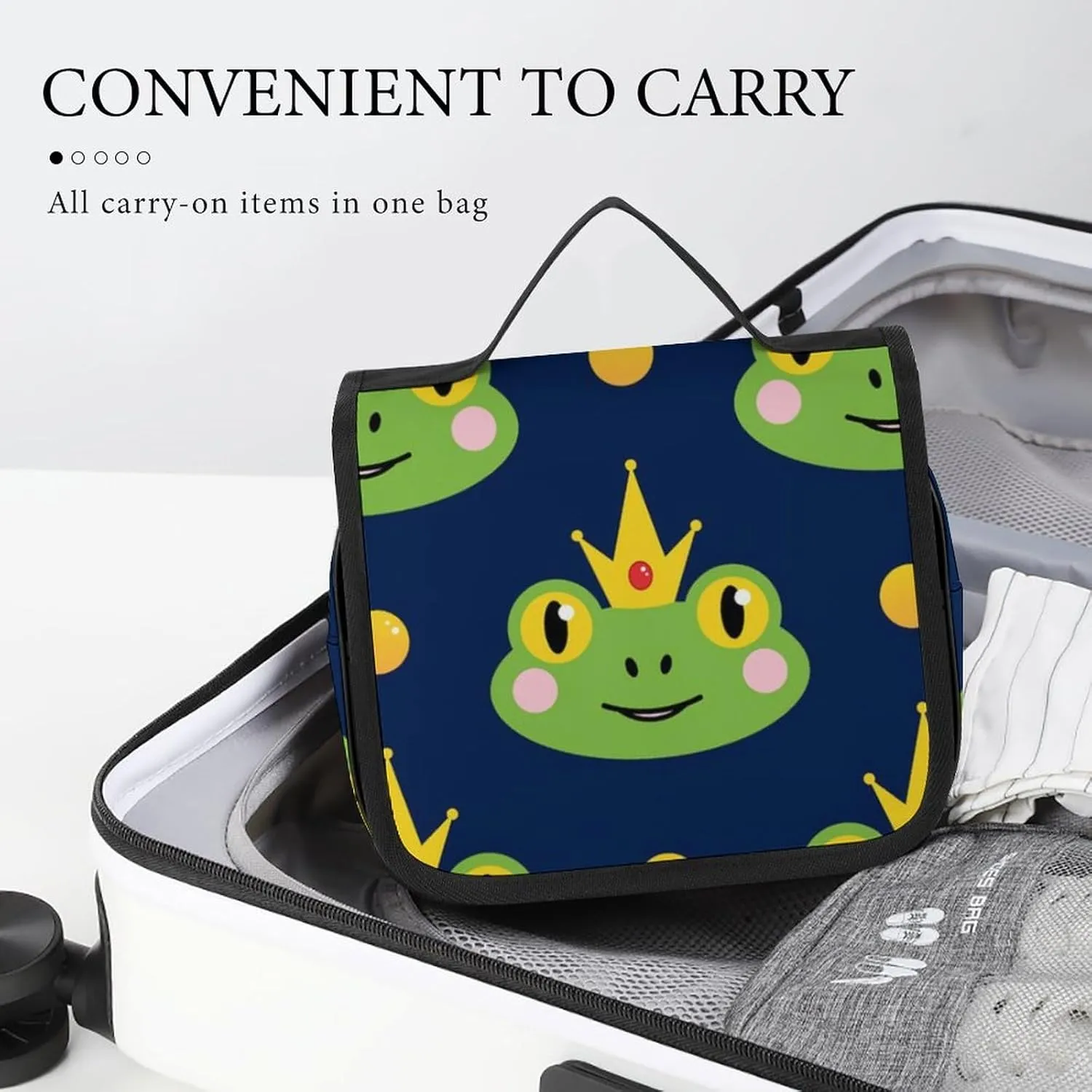 Toiletry Bag for Women and Men with Jewelry Organizer Compartment and Waterproof Pocket, Compatible with Frog with Crown Navy Blue Hanging Makeup Bag Accessories