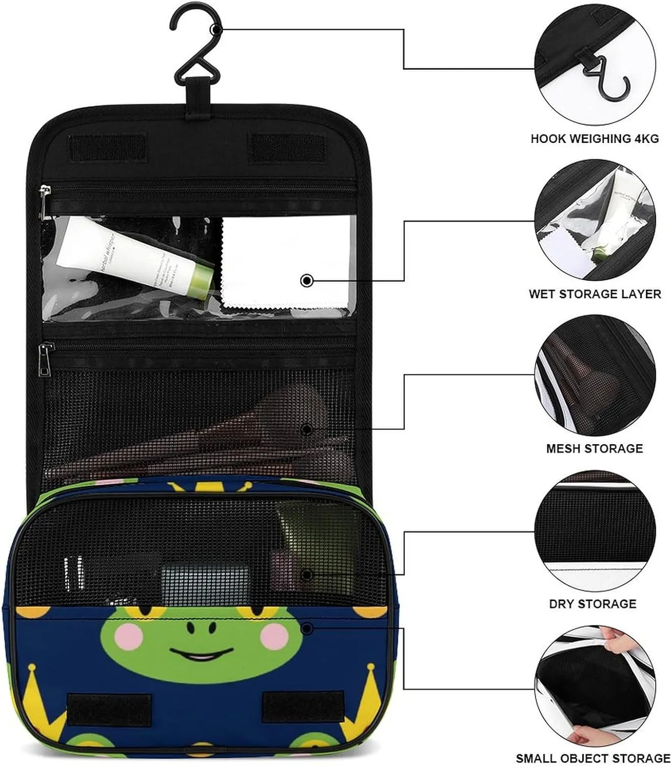 Toiletry Bag for Women and Men with Jewelry Organizer Compartment and Waterproof Pocket, Compatible with Frog with Crown Navy Blue Hanging Makeup Bag Accessories