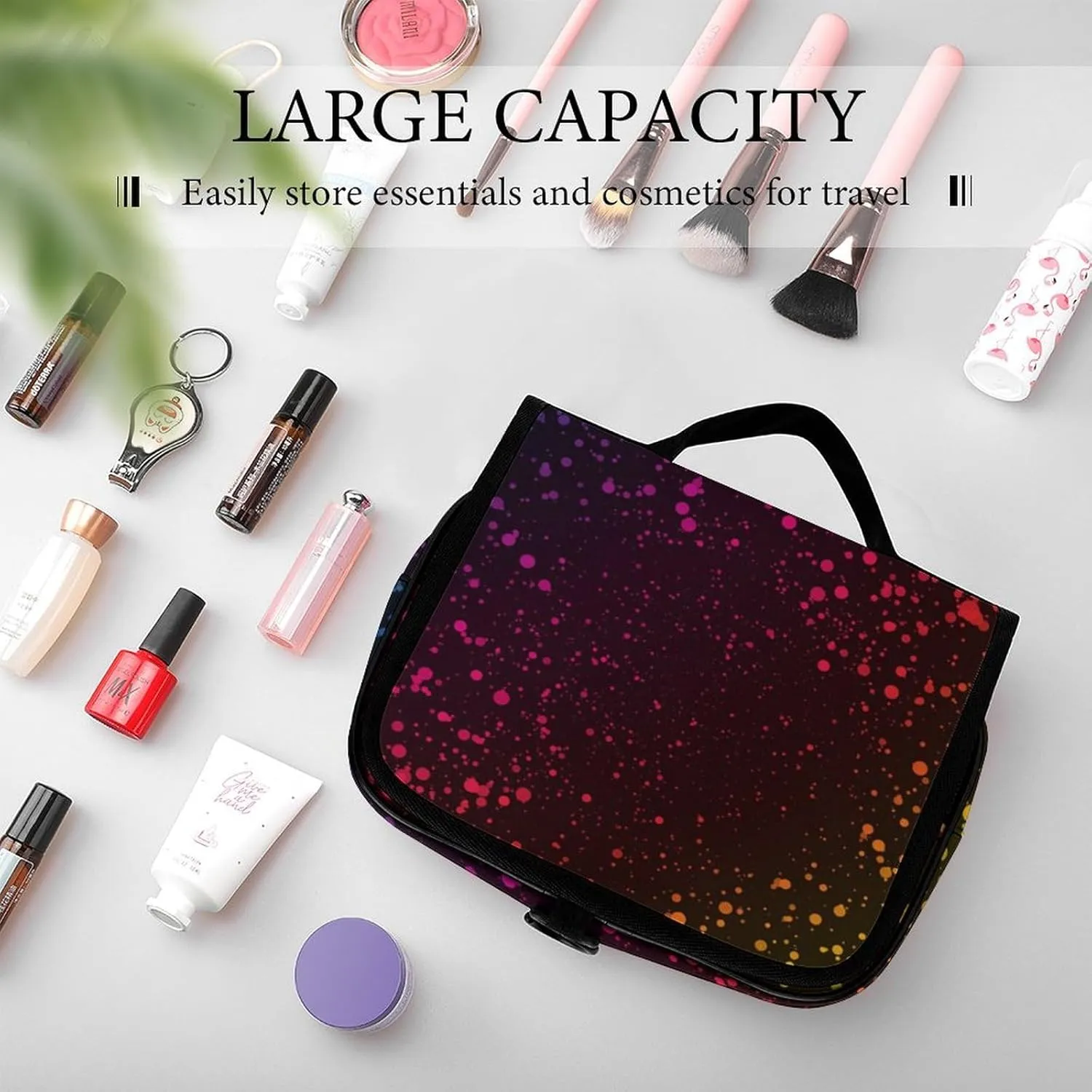 Toiletry Bag Travel Bag with Hanging Hook, Water Resistant Makeup Cosmetic Bag Travel Organizer Compatible with Abstract Rainbow Color Dots for Accessories