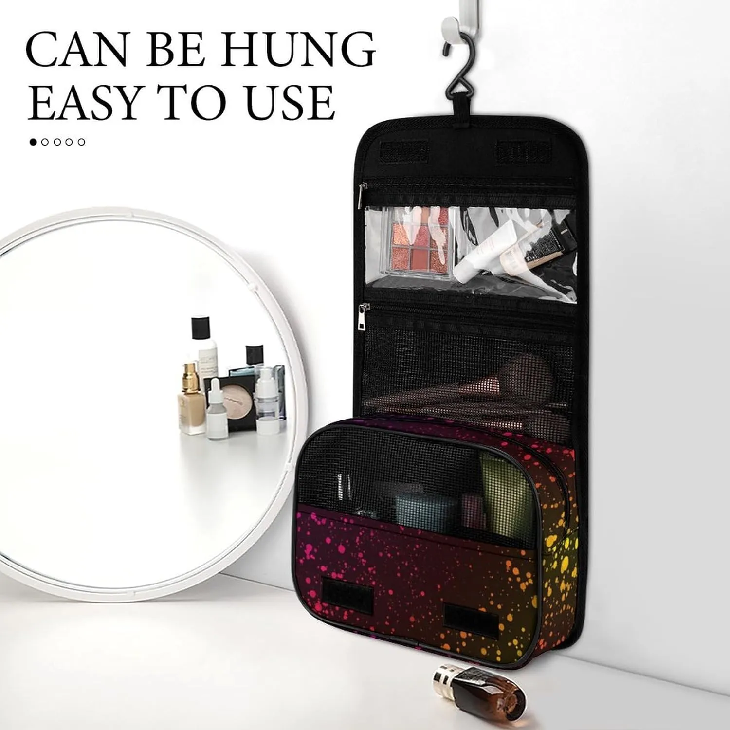 Toiletry Bag Travel Bag with Hanging Hook, Water Resistant Makeup Cosmetic Bag Travel Organizer Compatible with Abstract Rainbow Color Dots for Accessories