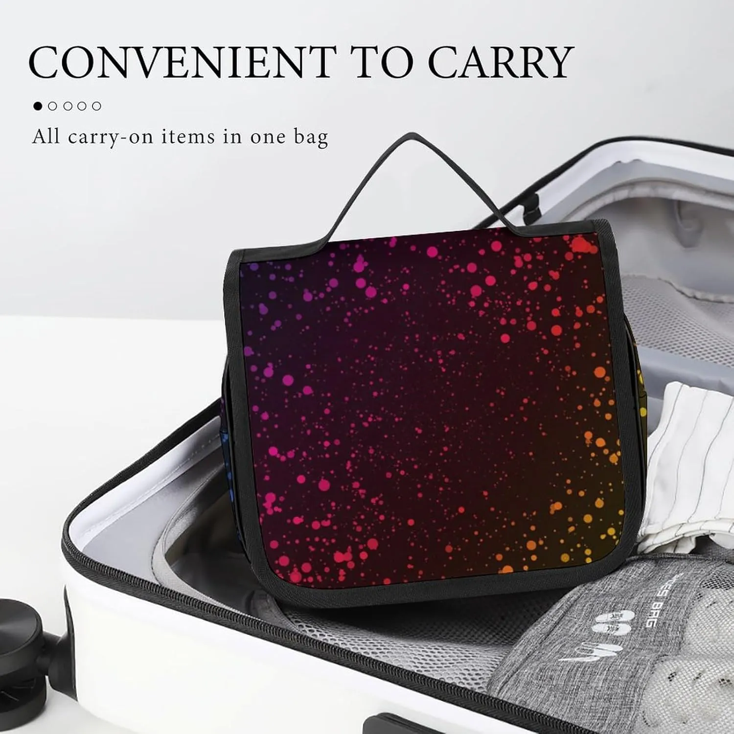 Toiletry Bag Travel Bag with Hanging Hook, Water Resistant Makeup Cosmetic Bag Travel Organizer Compatible with Abstract Rainbow Color Dots for Accessories